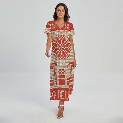 Xmas Deer Knitted Print Short Sleeve Maxi Dress