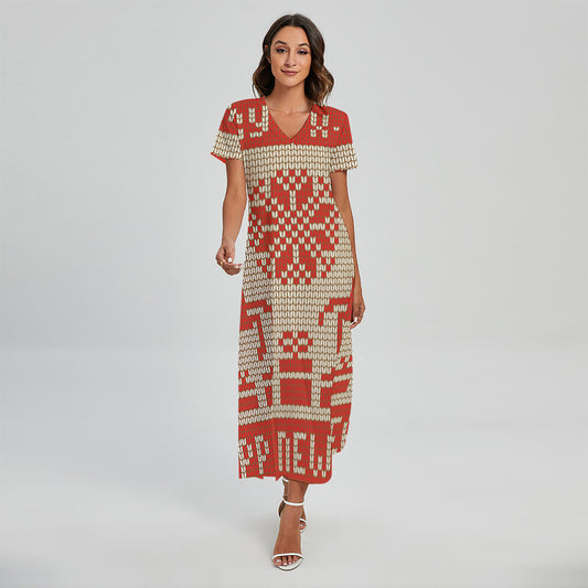 Xmas Deer Knitted Print Short Sleeve Maxi Dress