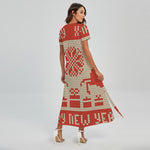 Xmas Deer Knitted Print Short Sleeve Maxi Dress