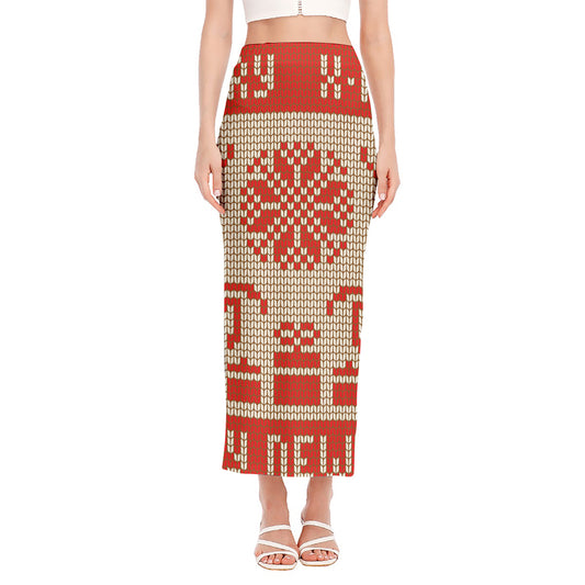 Xmas Deer Knitted Print Side Slit Maxi Skirt