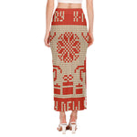 Xmas Deer Knitted Print Side Slit Maxi Skirt