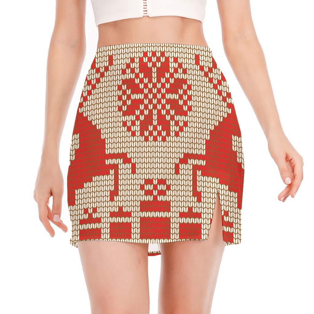 Xmas Deer Knitted Print Side Slit Mini Skirt