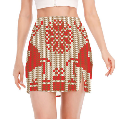 Xmas Deer Knitted Print Side Slit Mini Skirt
