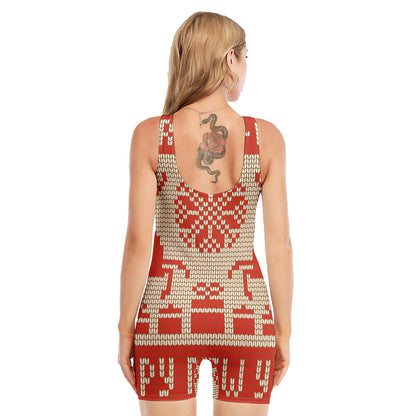 Xmas Deer Knitted Print Sleeveless One Piece Swimsuit