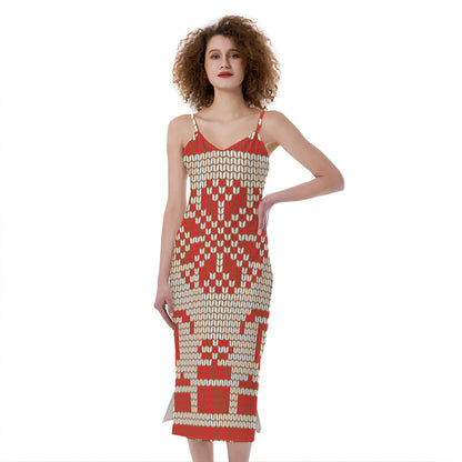 Xmas Deer Knitted Print Slim Fit Midi Cami Dress