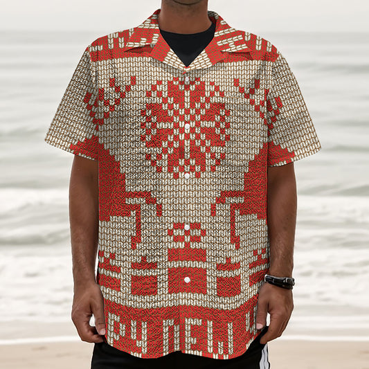 Xmas Deer Knitted Print Textured Short Sleeve Shirt
