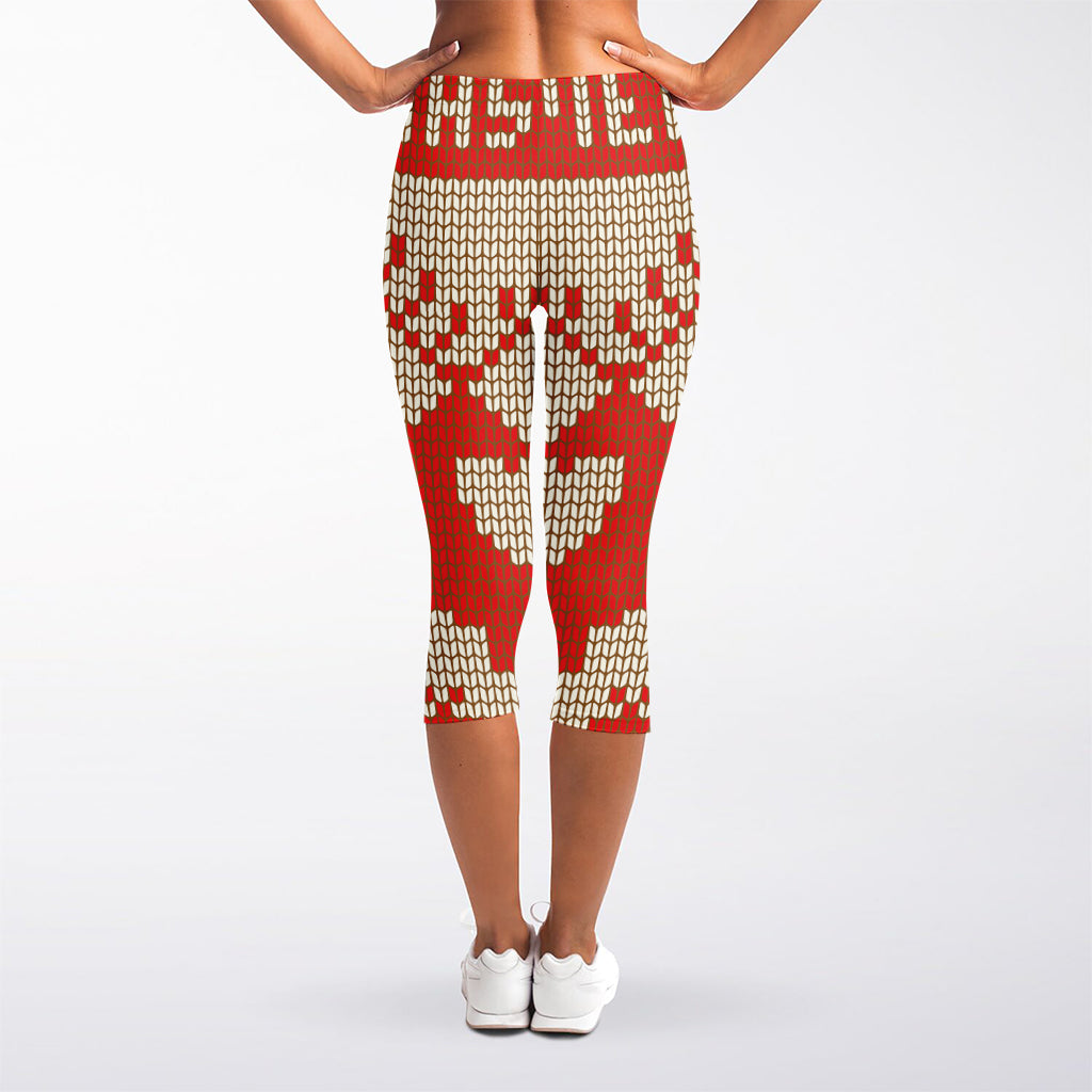 Xmas Deer Knitted Print Women's Capri Leggings