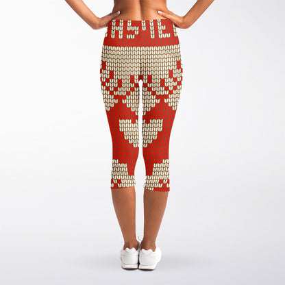 Xmas Deer Knitted Print Women's Capri Leggings