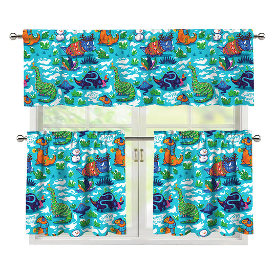 Xmas Dinosaur Pattern Print 3 Piece Kitchen Curtains