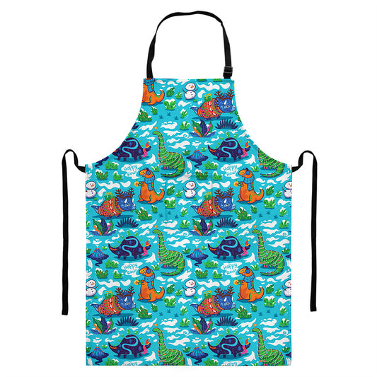 Xmas Dinosaur Pattern Print Bib Apron With Pocket