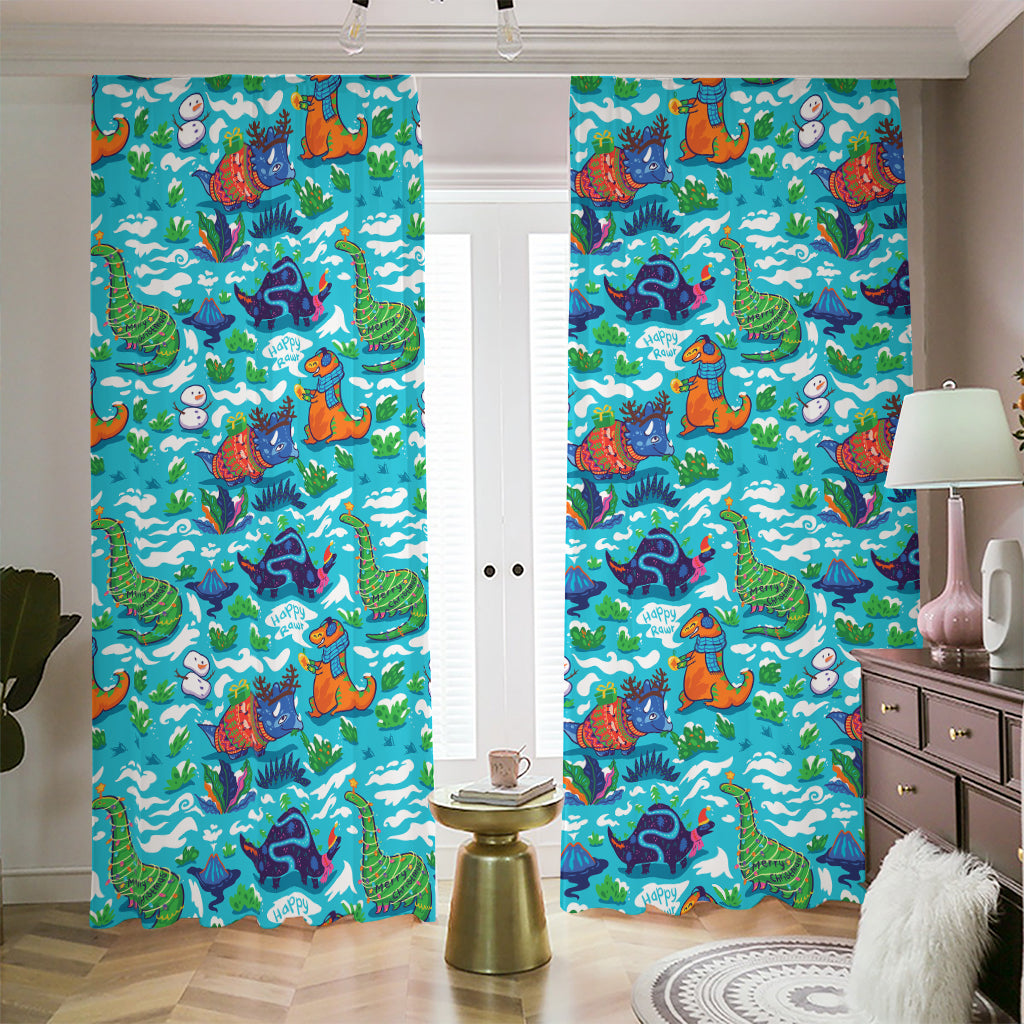 Xmas Dinosaur Pattern Print Blackout Pencil Pleat Curtains