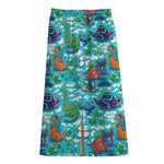 Xmas Dinosaur Pattern Print Cotton Front Slit Maxi Skirt