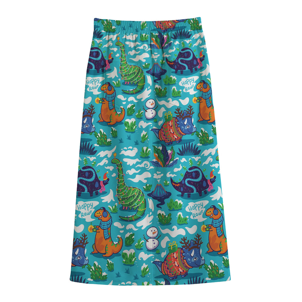 Xmas Dinosaur Pattern Print Cotton Front Slit Maxi Skirt