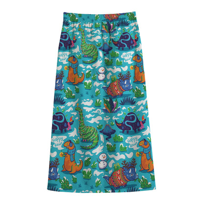 Xmas Dinosaur Pattern Print Cotton Front Slit Maxi Skirt