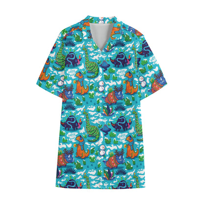 Xmas Dinosaur Pattern Print Cotton Hawaiian Shirt