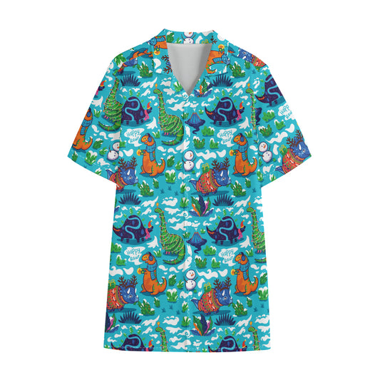 Xmas Dinosaur Pattern Print Cotton Hawaiian Shirt