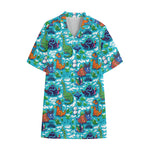 Xmas Dinosaur Pattern Print Cotton Hawaiian Shirt