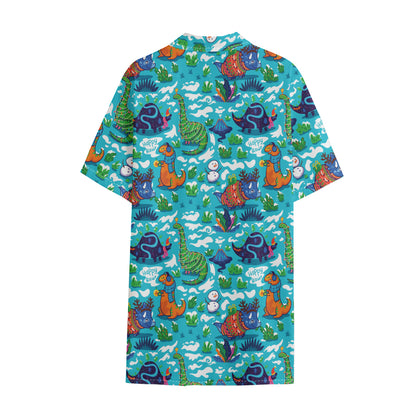 Xmas Dinosaur Pattern Print Cotton Hawaiian Shirt