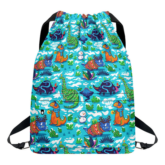 Xmas Dinosaur Pattern Print Drawstring Backpack