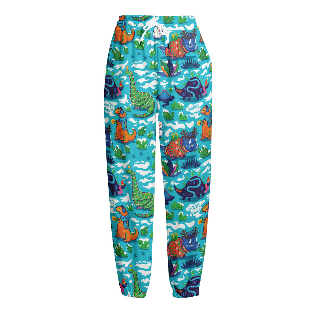 Xmas Dinosaur Pattern Print Fleece Lined Knit Pants