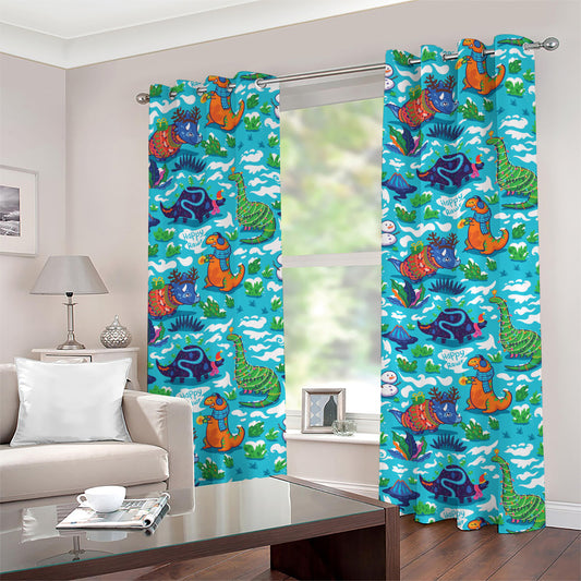 Xmas Dinosaur Pattern Print Grommet Curtains