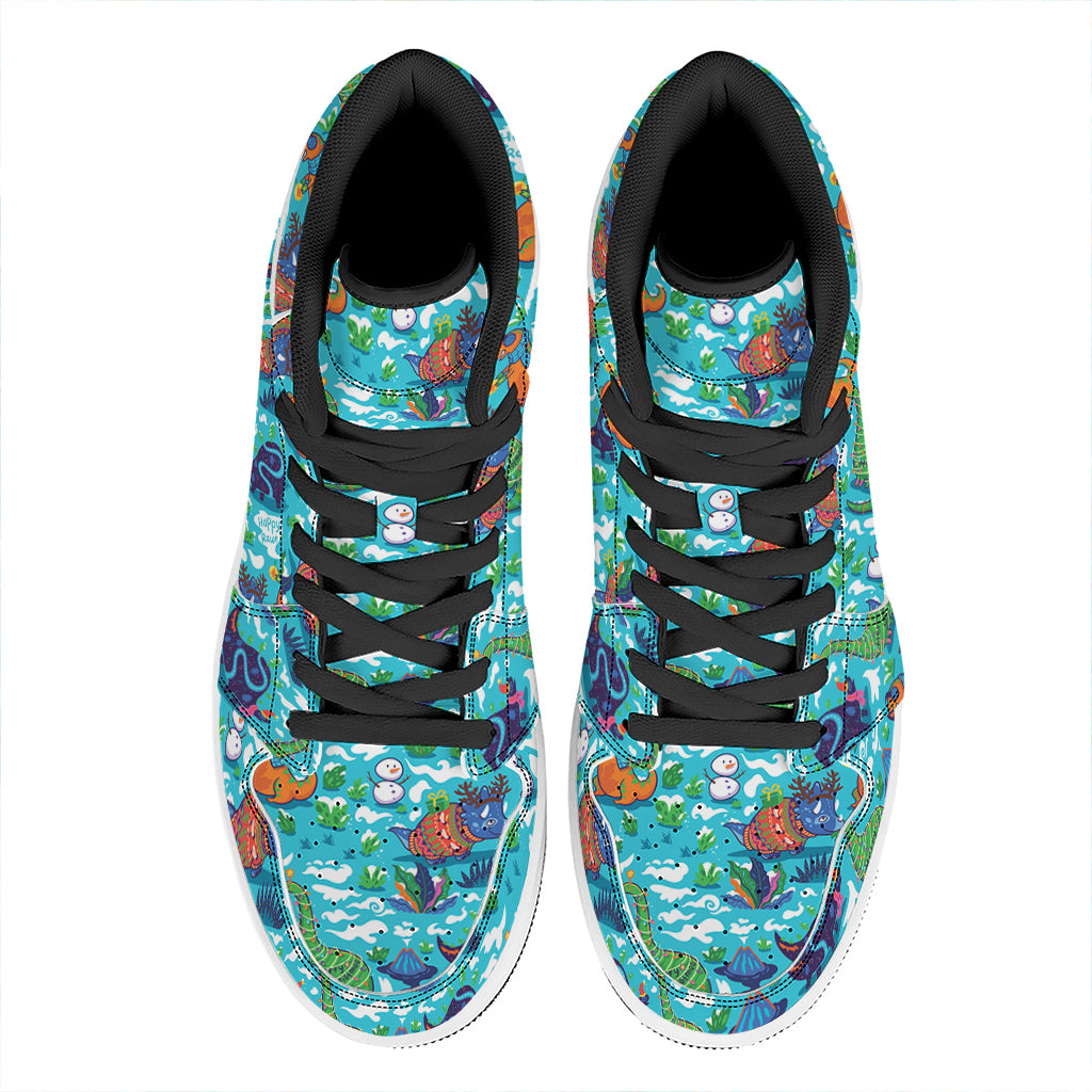 Xmas Dinosaur Pattern Print High Top Leather Sneakers