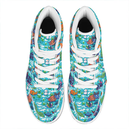 Xmas Dinosaur Pattern Print High Top Leather Sneakers