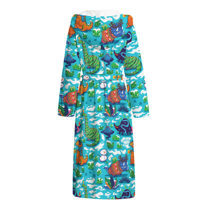 Xmas Dinosaur Pattern Print Hooded Bathrobe