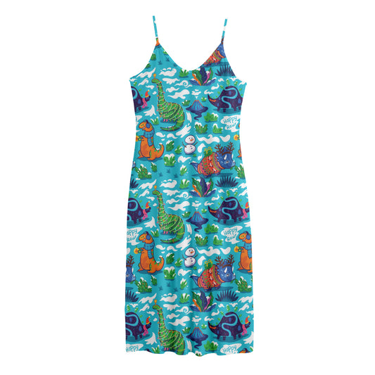 Xmas Dinosaur Pattern Print Jersey Midi Cami Dress