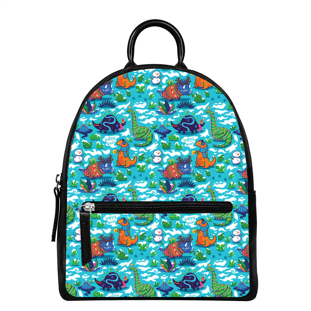 Xmas Dinosaur Pattern Print Leather Backpack