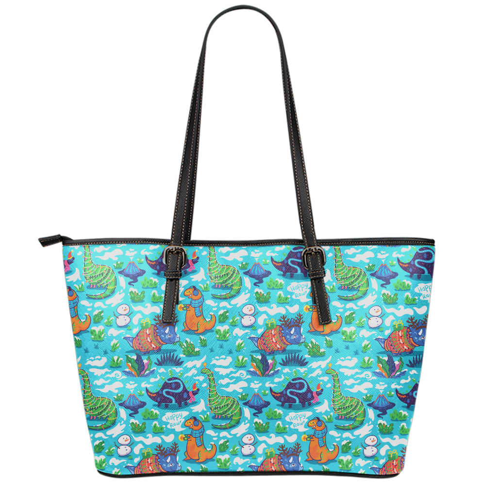 Xmas Dinosaur Pattern Print Leather Tote Bag