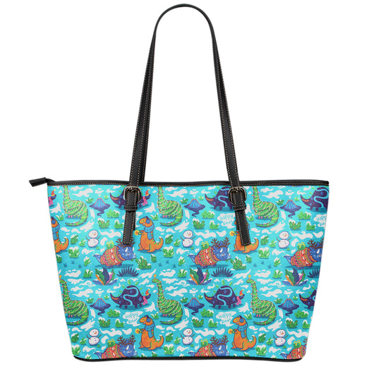 Xmas Dinosaur Pattern Print Leather Tote Bag