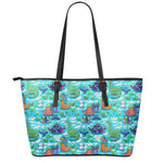 Xmas Dinosaur Pattern Print Leather Tote Bag