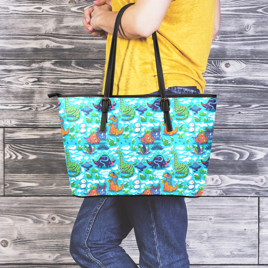 Xmas Dinosaur Pattern Print Leather Tote Bag