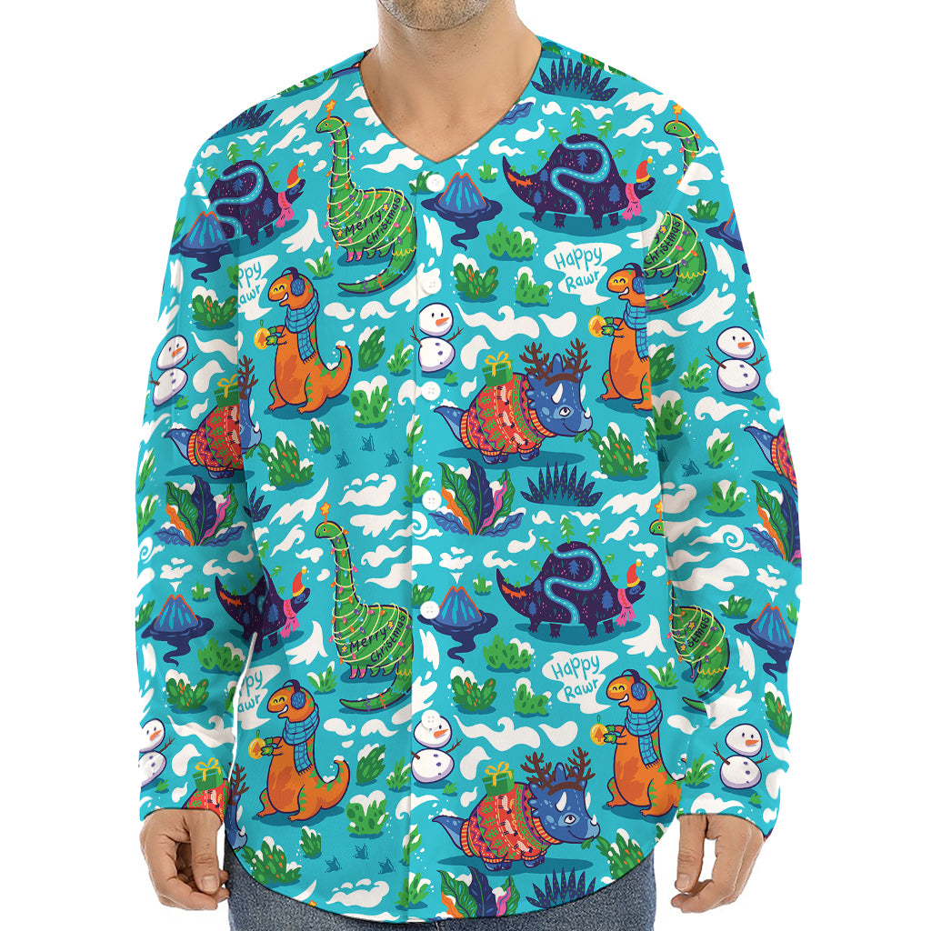 Xmas Dinosaur Pattern Print Long Sleeve Baseball Jersey