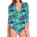 Xmas Dinosaur Pattern Print Long Sleeve Swimsuit