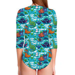 Xmas Dinosaur Pattern Print Long Sleeve Swimsuit