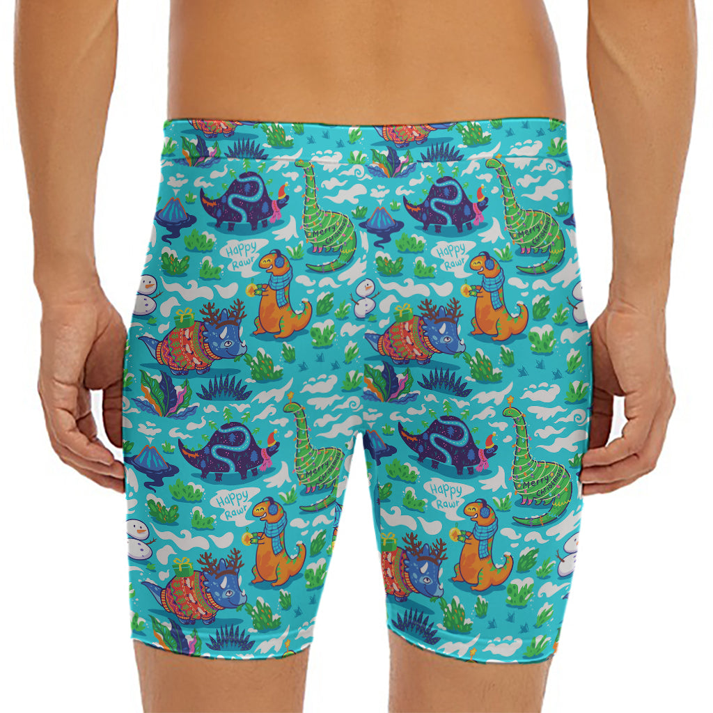 Xmas Dinosaur Pattern Print Men's Long Boxer Briefs