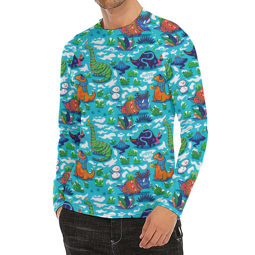 Xmas Dinosaur Pattern Print Men's Long Sleeve Rash Guard