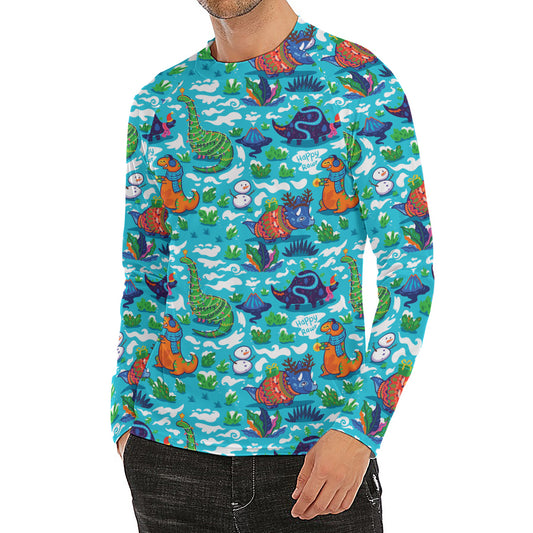 Xmas Dinosaur Pattern Print Men's Long Sleeve Rash Guard