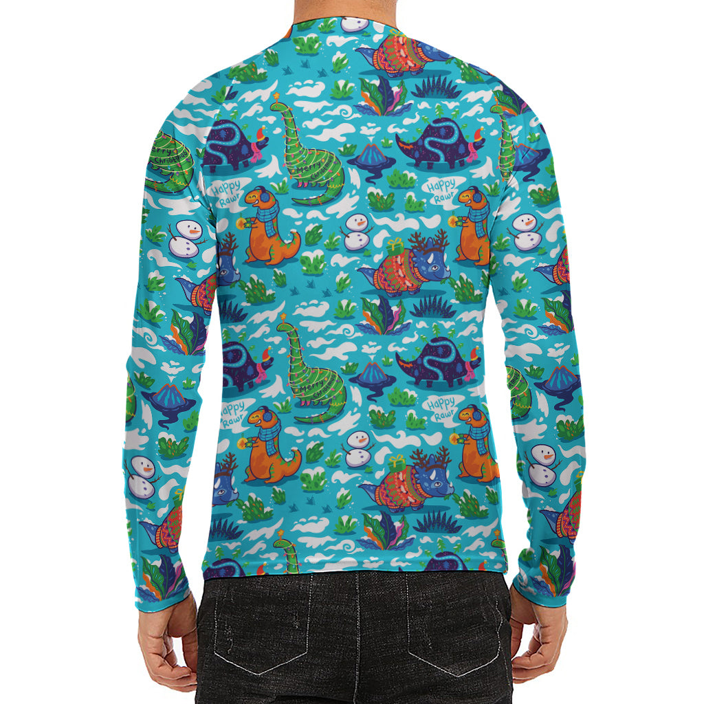 Xmas Dinosaur Pattern Print Men's Long Sleeve Rash Guard