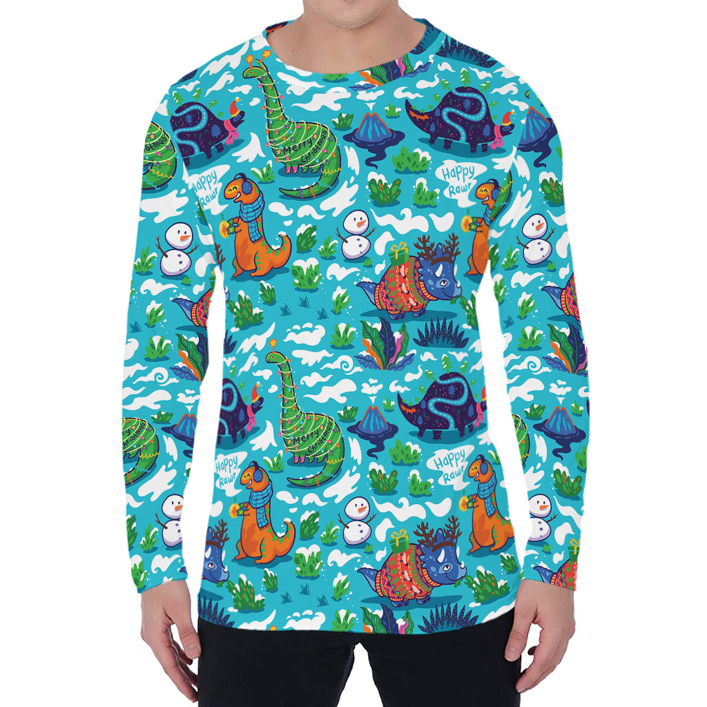 Xmas Dinosaur Pattern Print Men's Long Sleeve T-Shirt