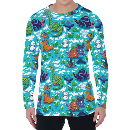 Xmas Dinosaur Pattern Print Men's Long Sleeve T-Shirt