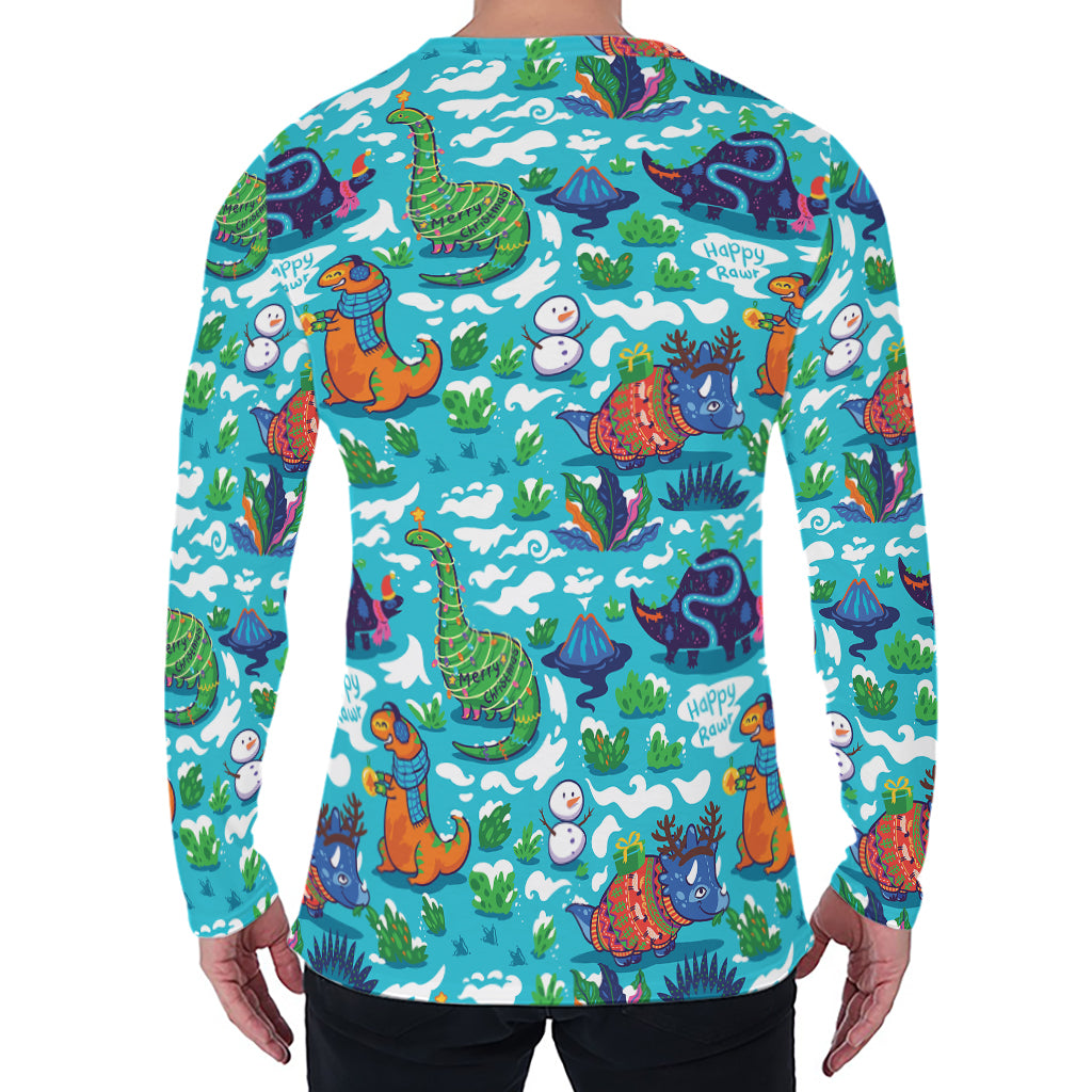 Xmas Dinosaur Pattern Print Men's Long Sleeve T-Shirt