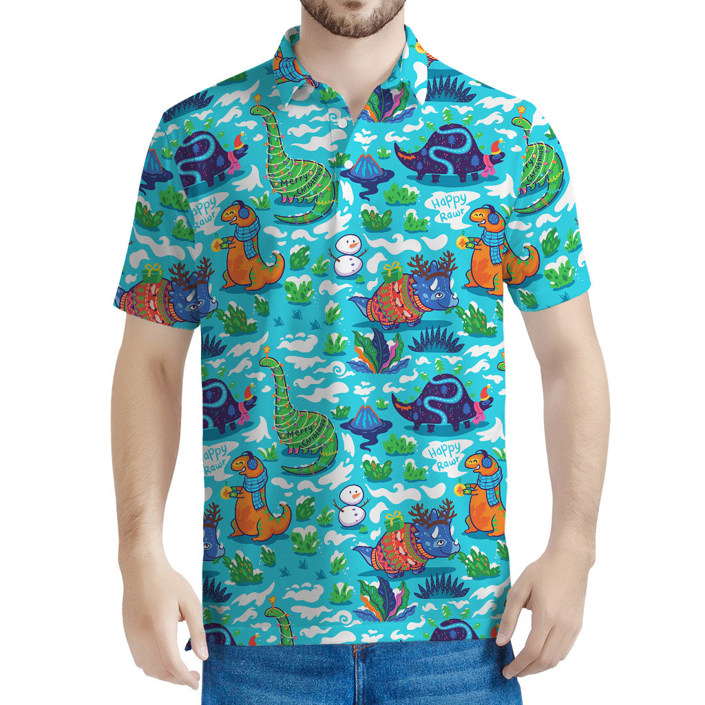 Xmas Dinosaur Pattern Print Men's Polo Shirt