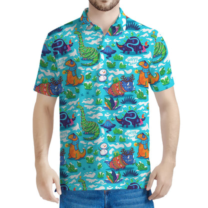Xmas Dinosaur Pattern Print Men's Polo Shirt