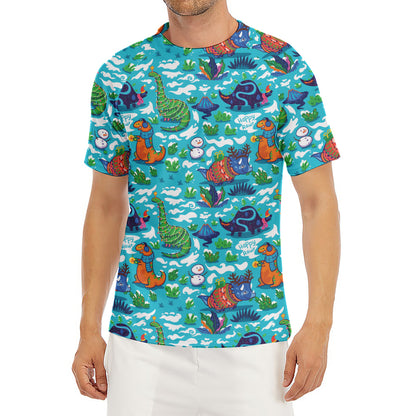 Xmas Dinosaur Pattern Print Men's Short Sleeve Rash Guard