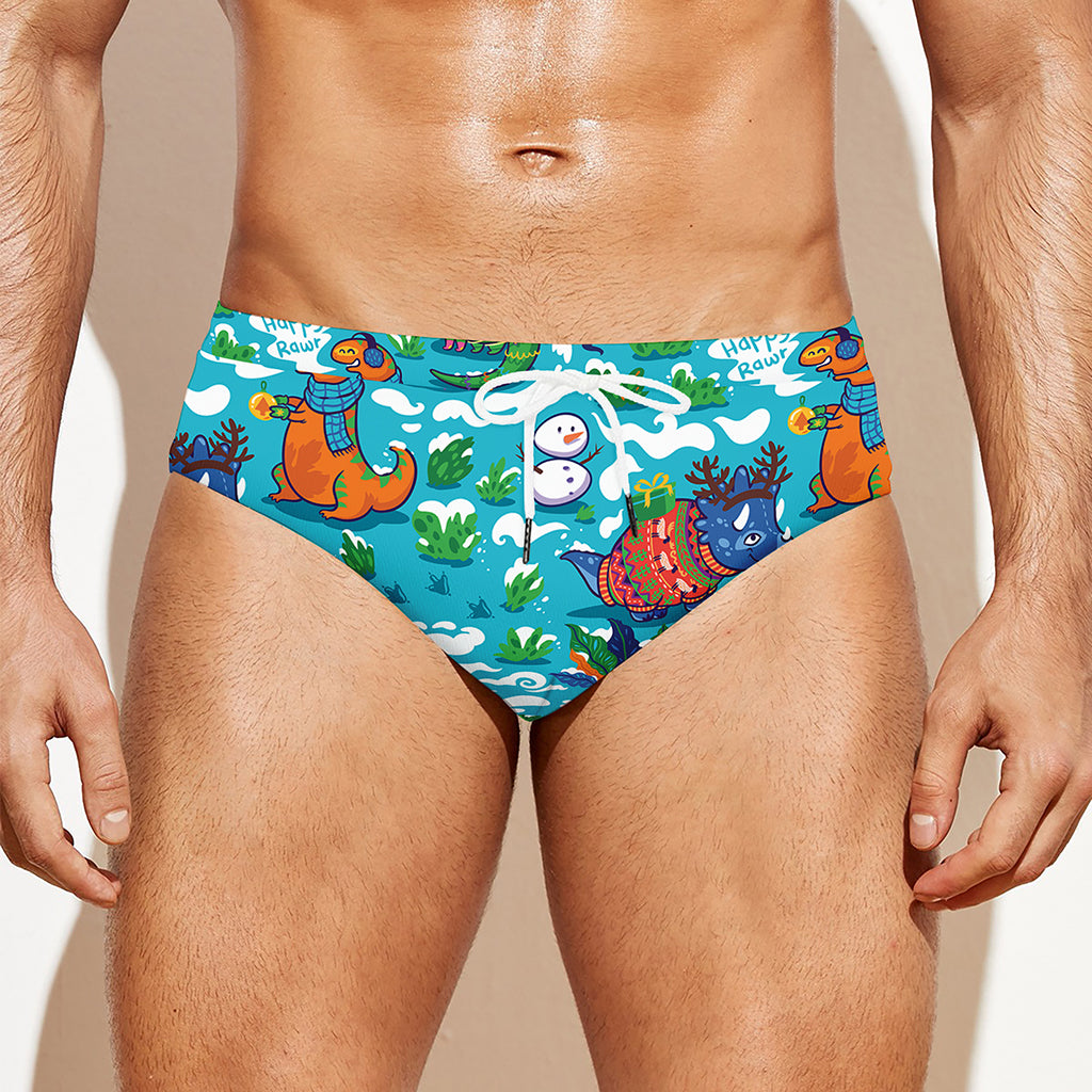 Xmas Dinosaur Pattern Print Men's Swim Briefs