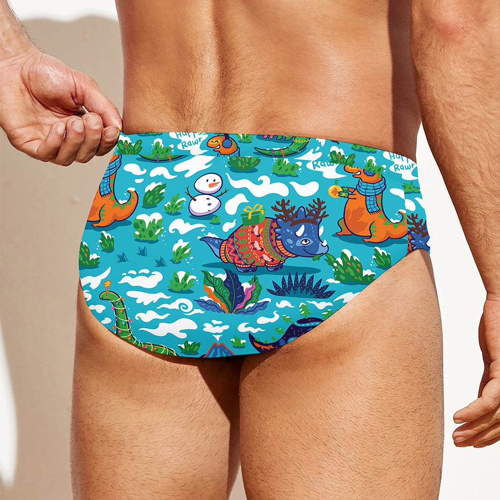 Xmas Dinosaur Pattern Print Men's Swim Briefs