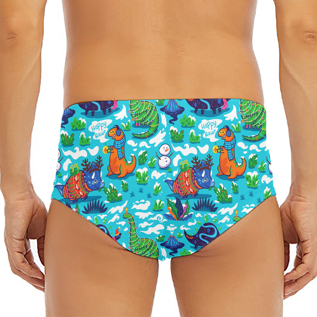 Xmas Dinosaur Pattern Print Men's Triangle Swim Briefs